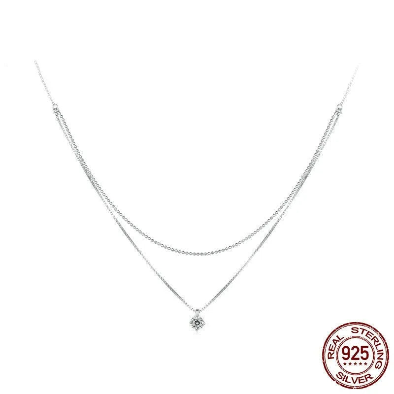 Women's double-layer silver necklace with 925 sterling silver pendant and pearl chain design
