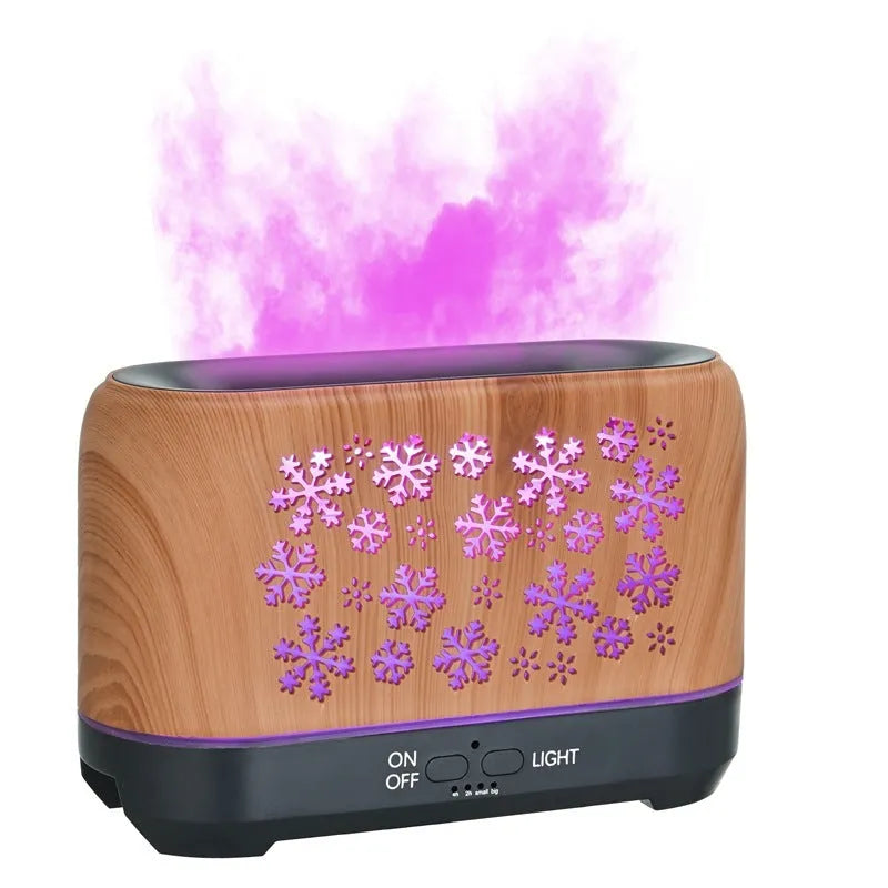 Colourful snowflake wood grain flame effect aromatherapy humidifier diffuser on a desktop with remote control.