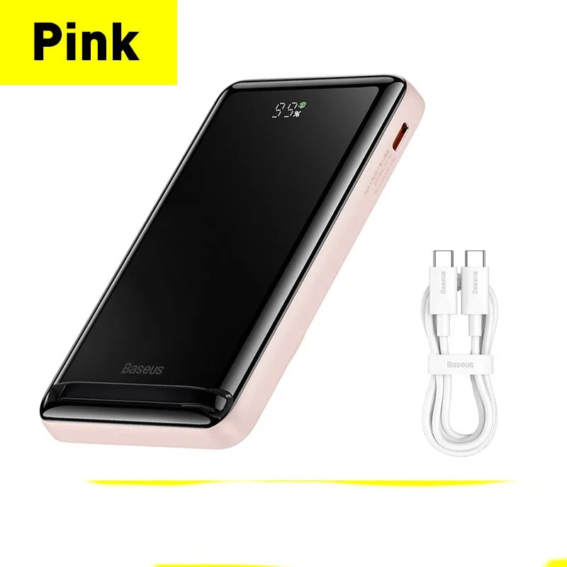 Slim blue magnetic power bank with wireless charging surface, shown next to its included USB cable.