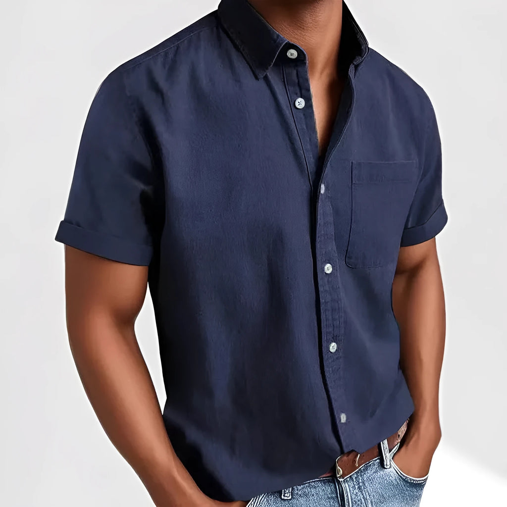 Men's single-breasted short sleeve casual shirt in cotton blend fabric, loose fit, multiple colour options