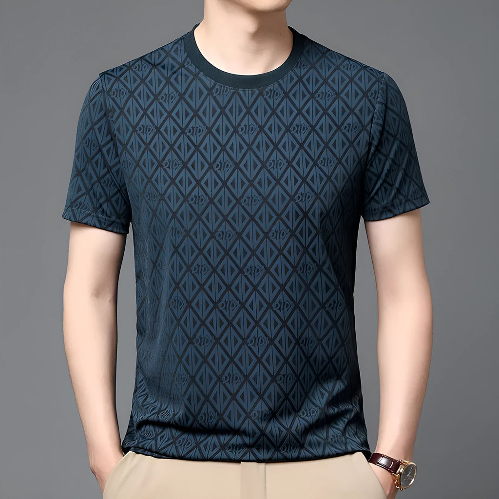 Men's black jacquard pattern short sleeve t-shirt showing loose fit and round neck design
