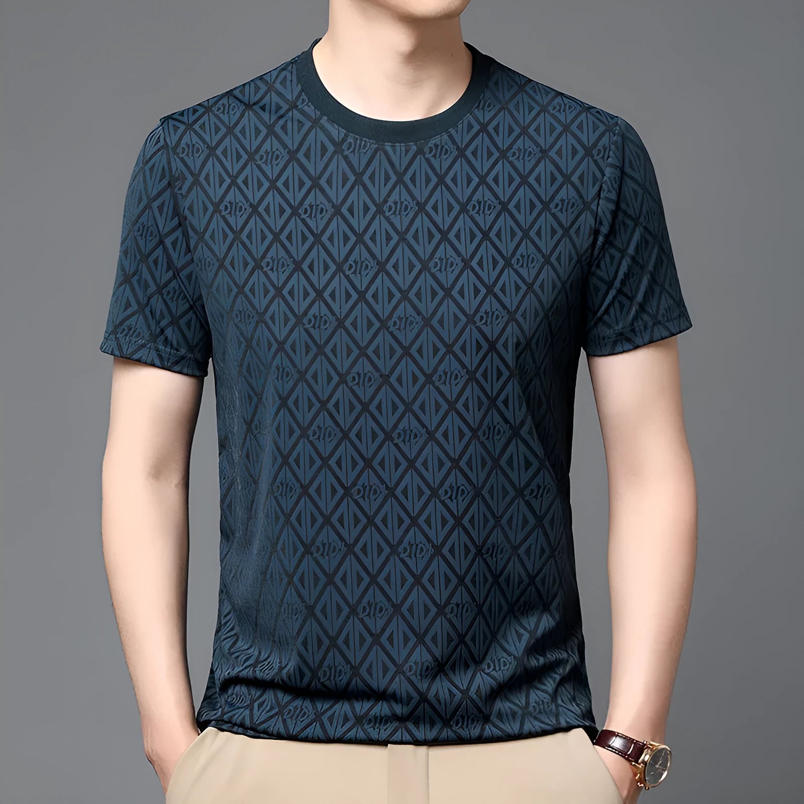 Men's black jacquard pattern short sleeve t-shirt showing loose fit and round neck design