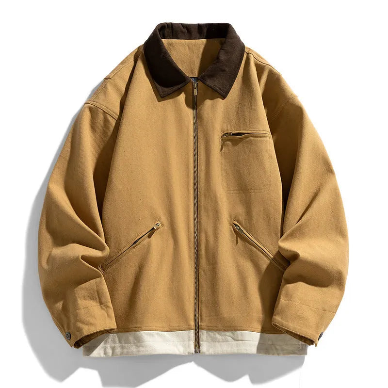 Men's Korean-style autumn jacket in loose retro workwear design with contrast lapels and side seam pockets