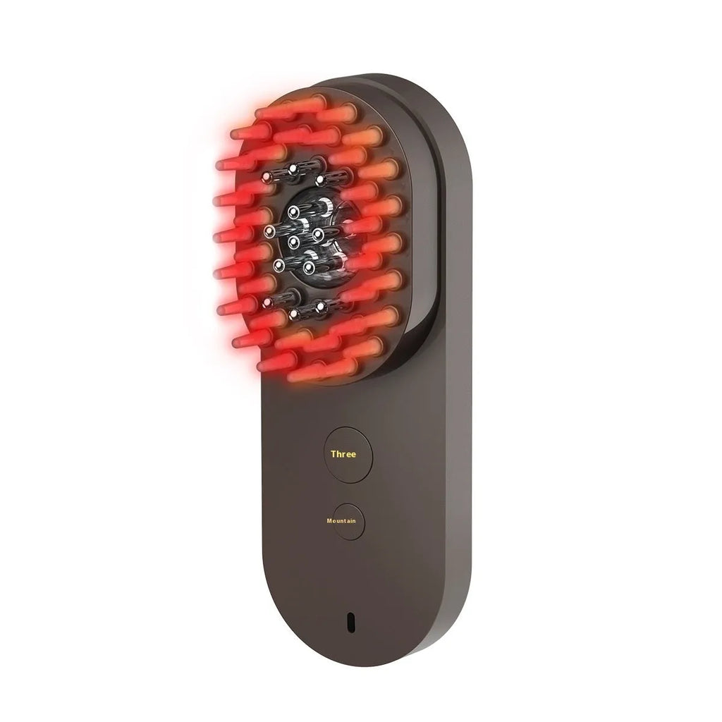 Pink and black smart massage comb with red light therapy for hair care, measuring under 10cm