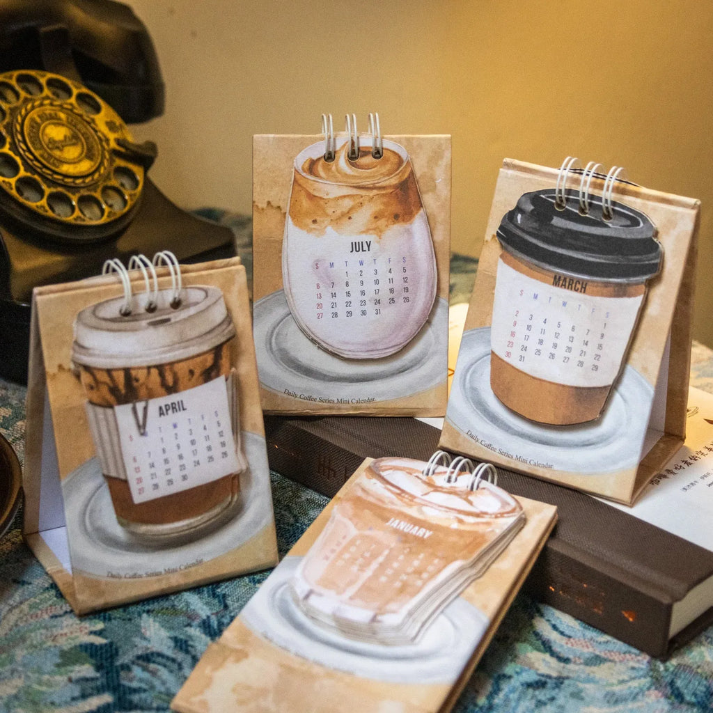 Coffee mini desk calendar 2025 set showing four different themed designs