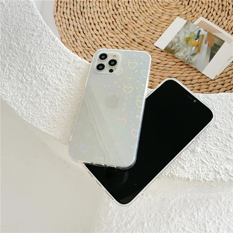 Transparent silicone iPhone case with laser love pattern on multiple iPhone models