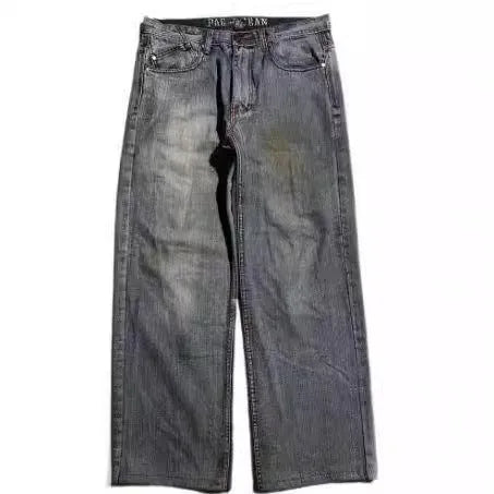 Men's grey washed-out straight-leg jeans with a wide-leg casual workwear design.