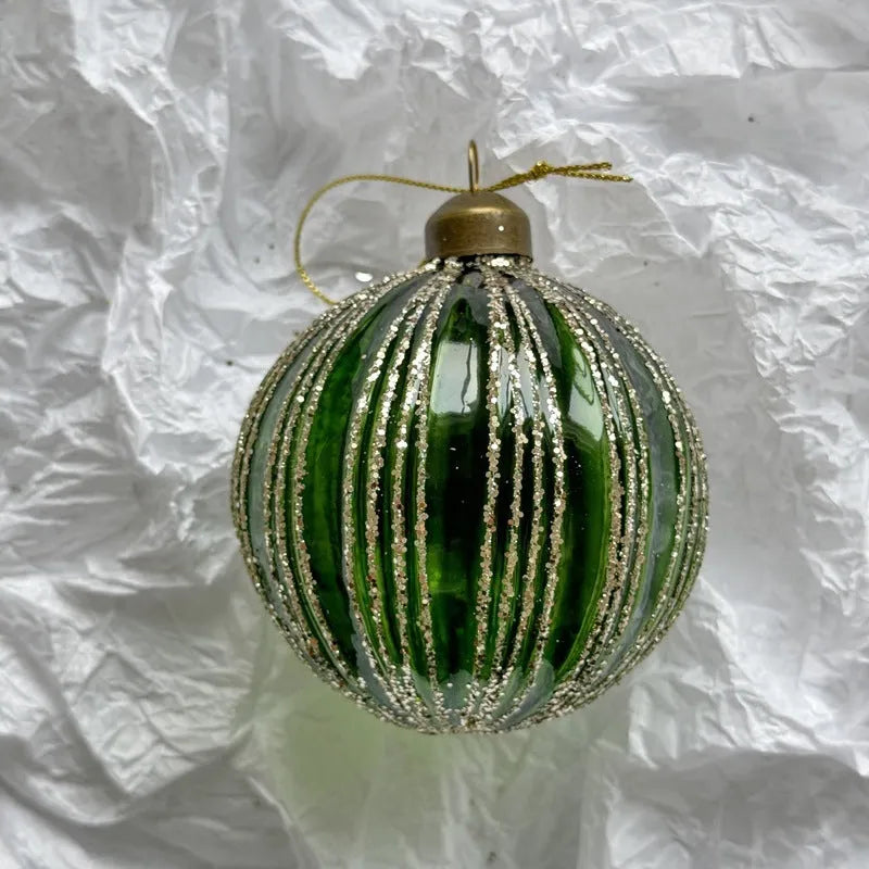 Handmade glass Christmas ball pendant ornament, 8cm diameter, green color, on tree branch