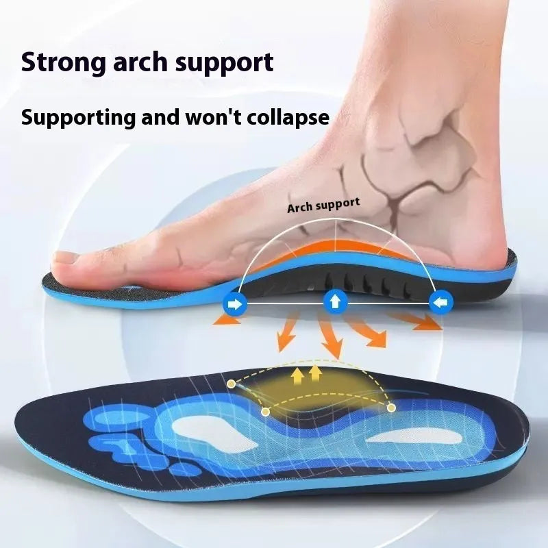 Blue and green flat foot correction PU insoles for arch support, shown in universal sizes.