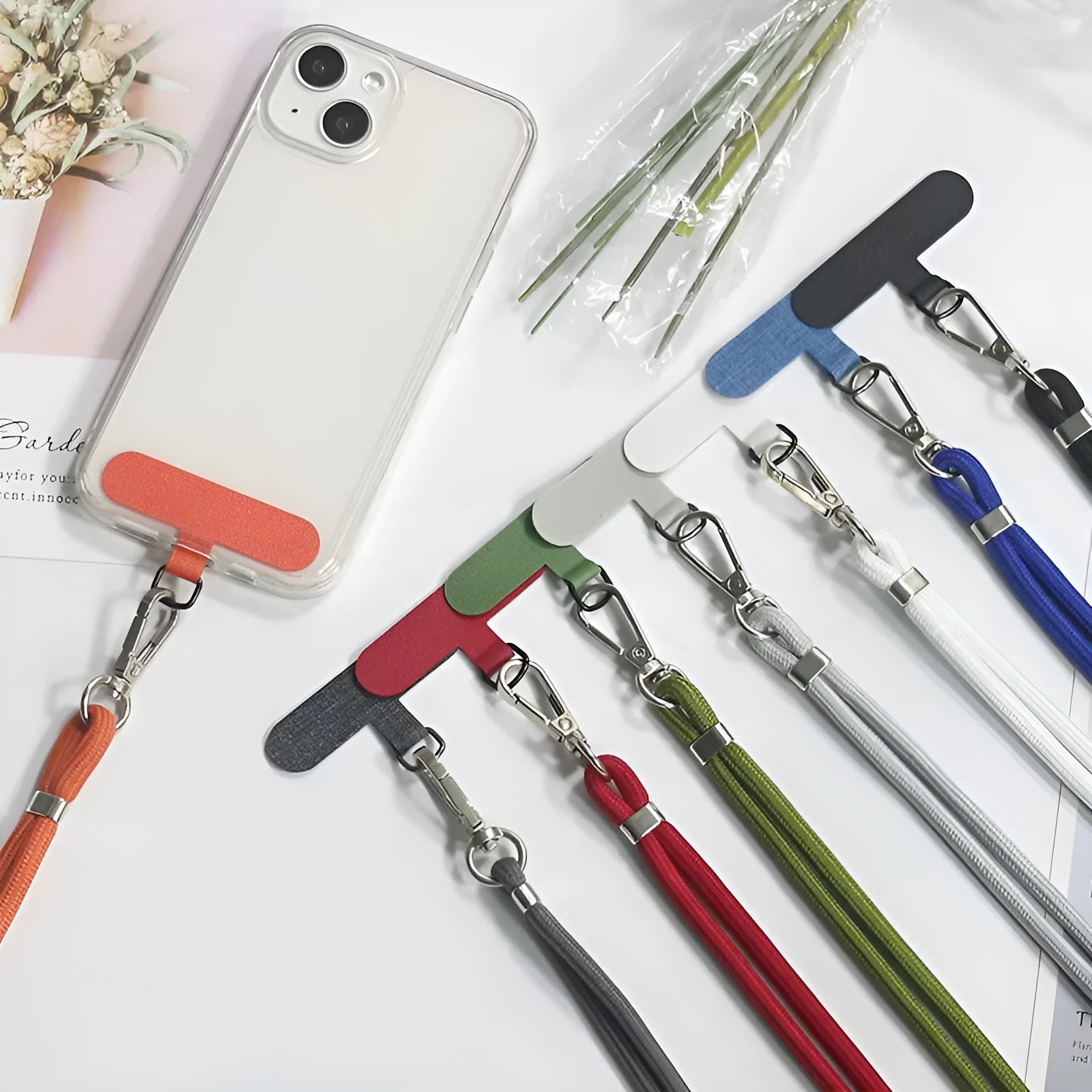 General drop-resistant phone lanyard clip with 160cm nylon strap in multiple colour options on white background