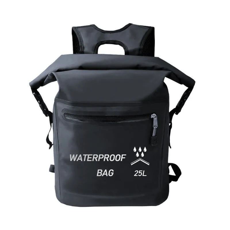 Black 25L outdoor waterproof backpack with 500D mesh clip for swimming and rafting