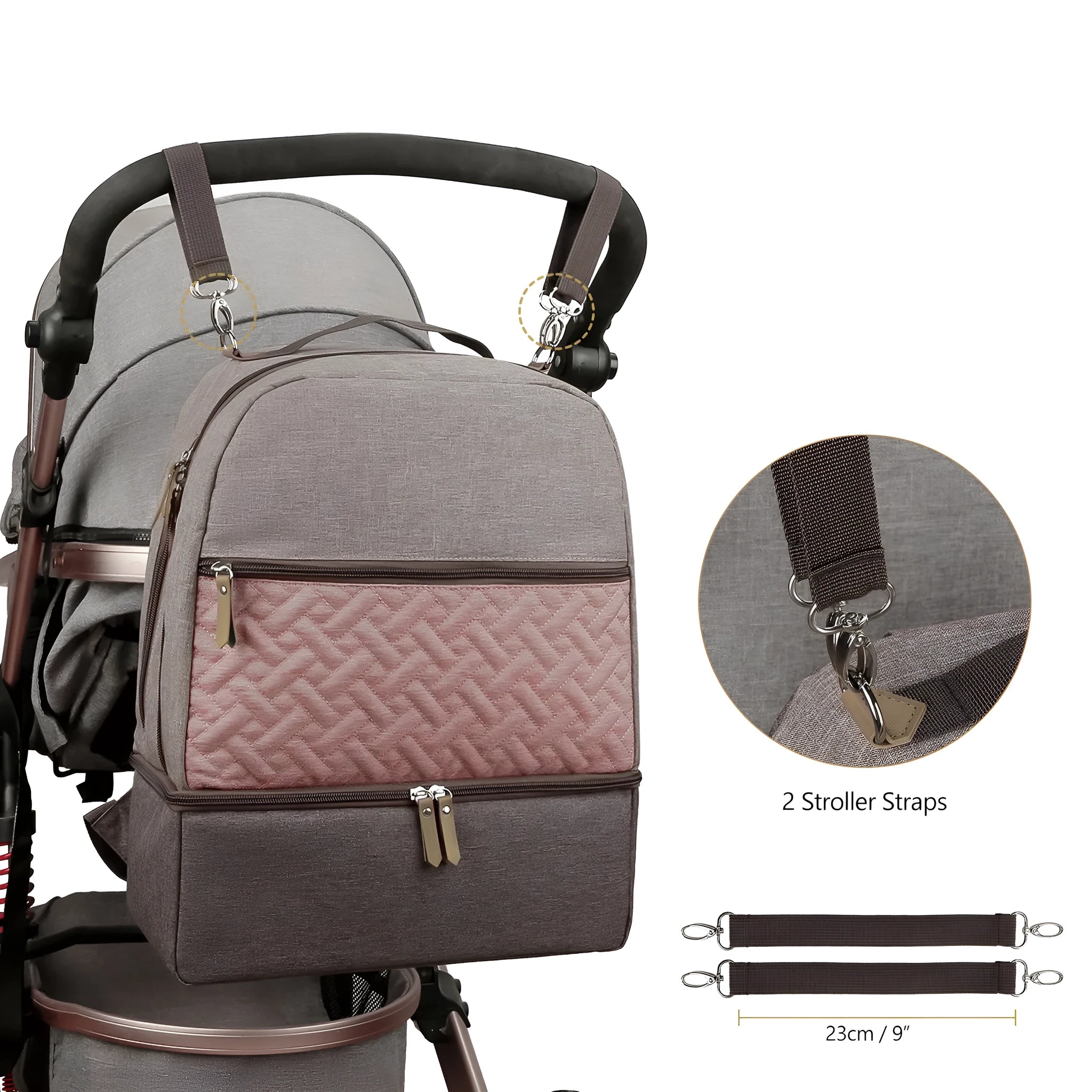 Grey insulated mother and child travel backpack with curved shoulder straps showing organisational compartments