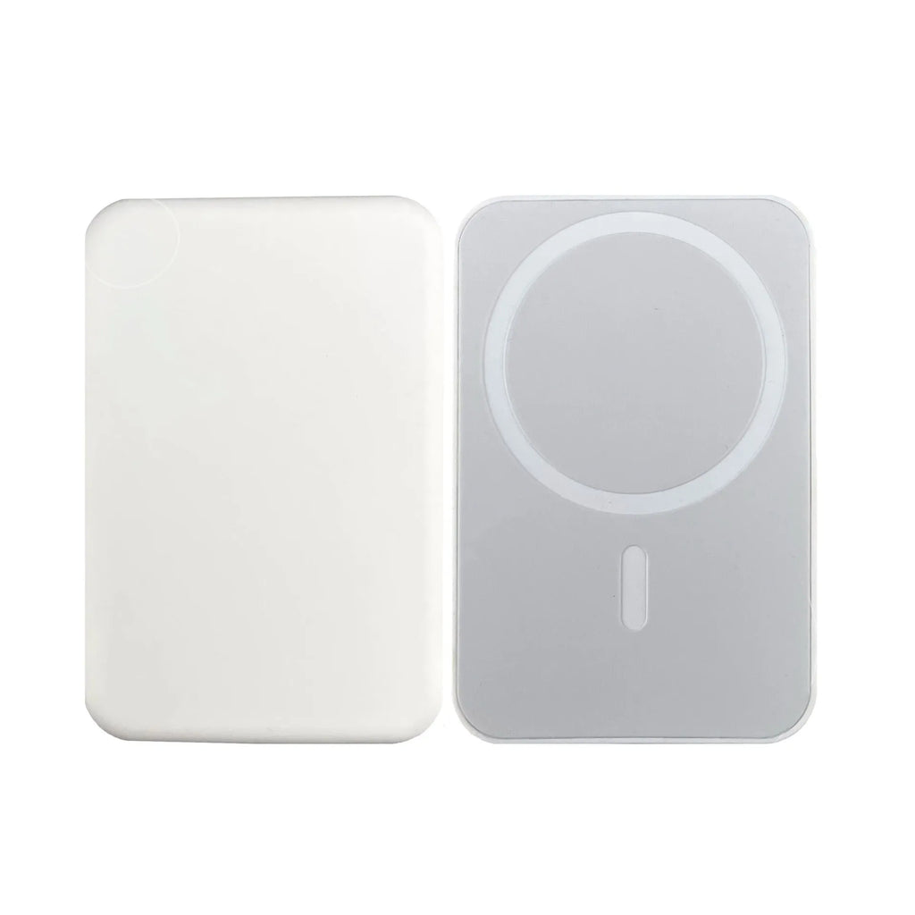 White PVC magnetic wireless charger power bank showing 5000mAh capacity and compact design