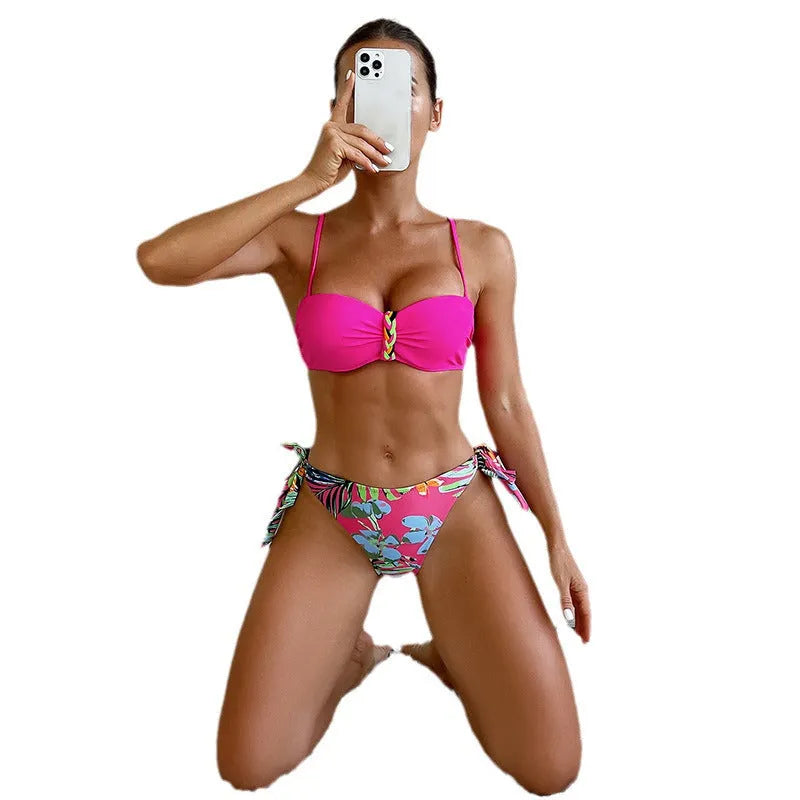 Rose red women's bikini swimsuit with braid rope detailing, suitable for swimming and water sports