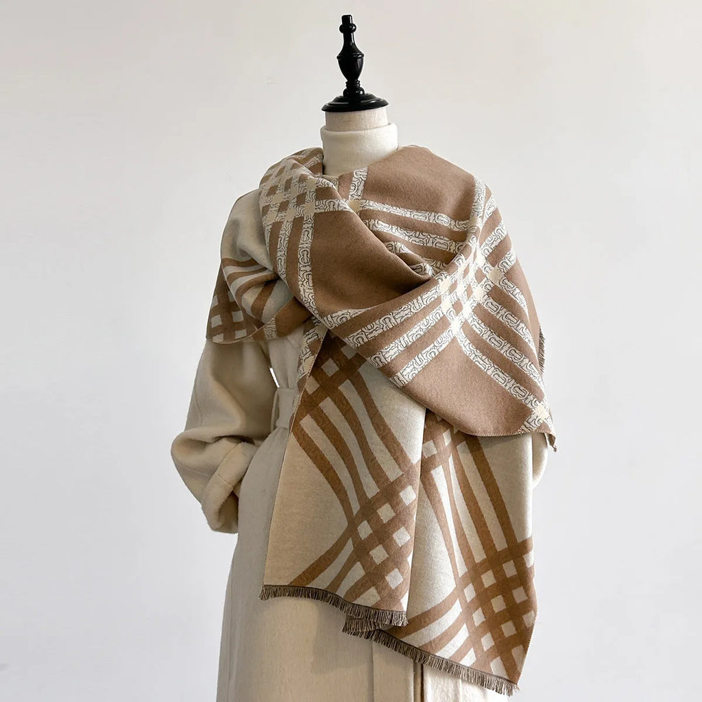 Imitation cashmere scarf with tassels in brown colour showing 185cm length