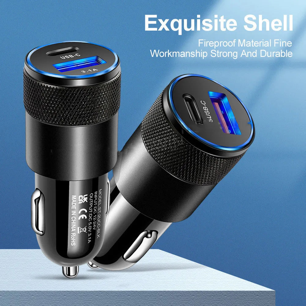 Aluminium alloy car charger with 12V input voltage measuring 2.5 by 6cm