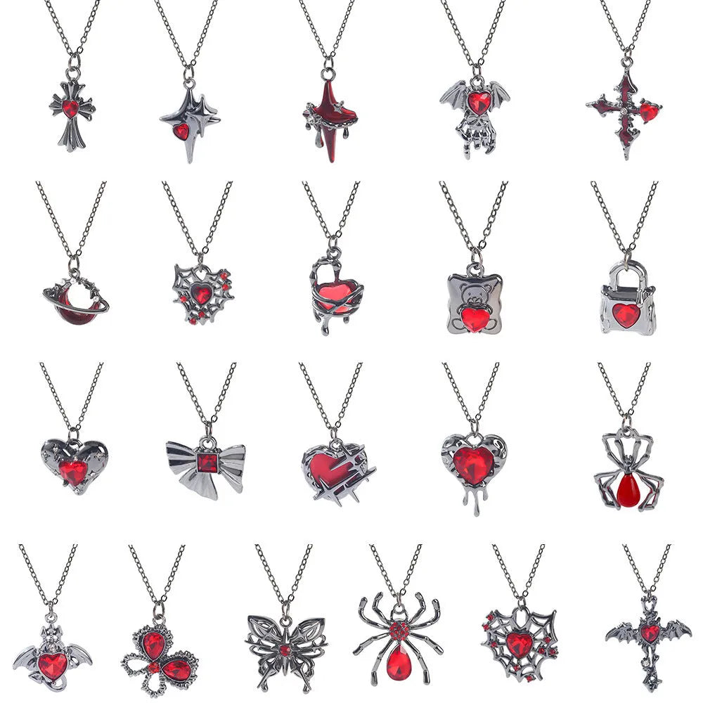 Halloween spider bat necklace with electroplated zinc alloy pendant in gothic designs including cross, skull wings and spider web