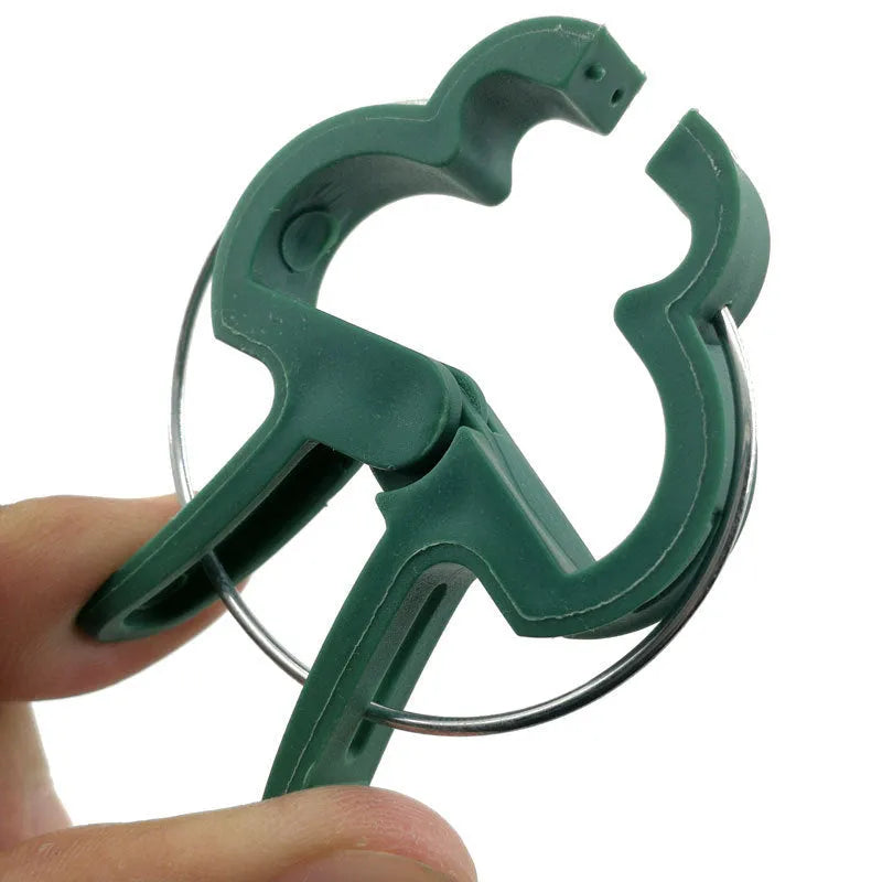 Green plastic and zinc plant fixing clips, showing large and small sizes for garden vine and tomato support.