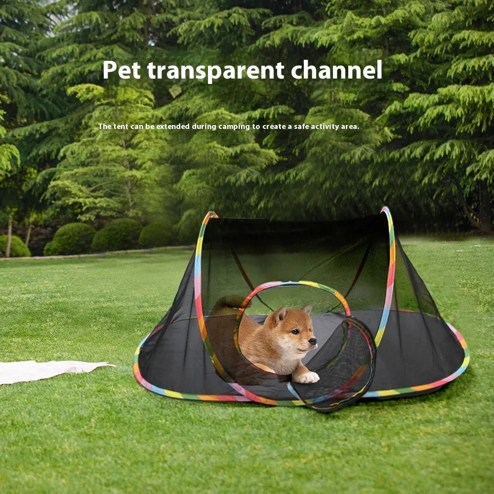 Foldable mesh cat roll cage showing multiple shape configurations including hexagonal, tee, and tent designs