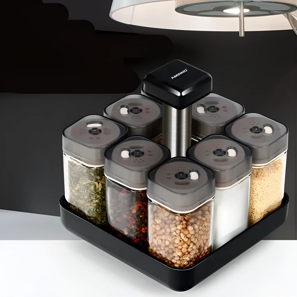 Glass spice jar organizer set with lids in photo colour design for kitchen seasoning storage
