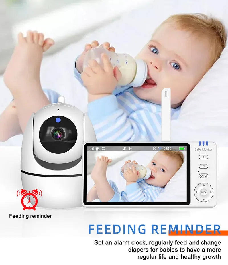 White HD wireless baby monitor with 5-inch screen and separate camera on a nursery shelf.