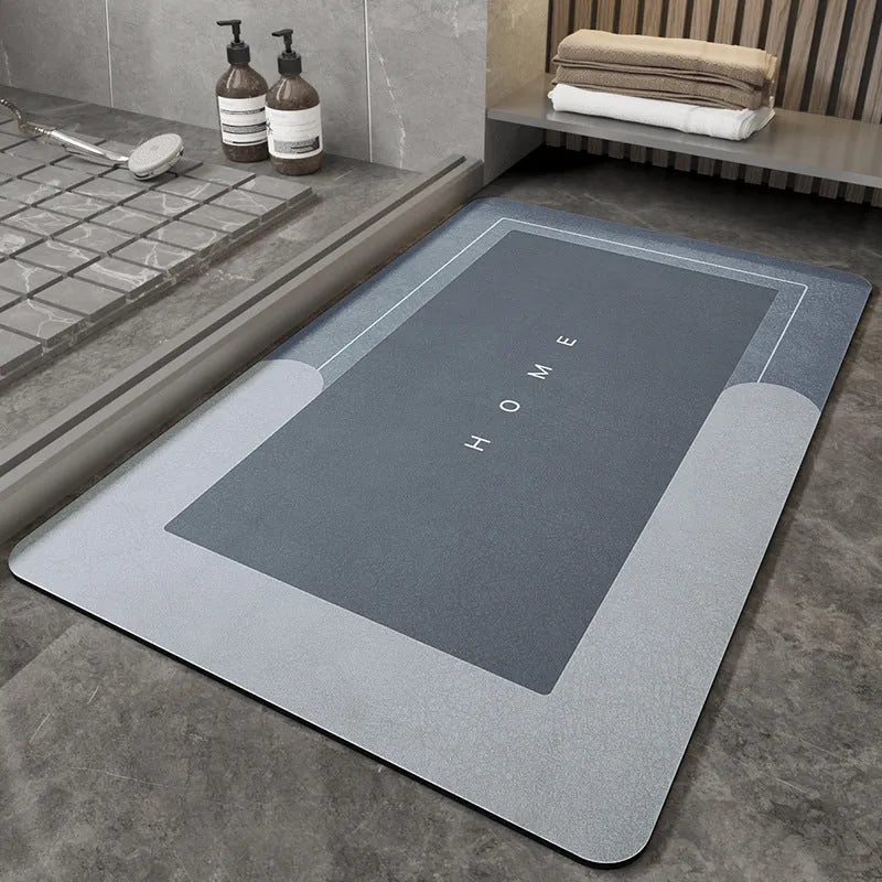 Blended material floor mat in blue colour with oval shape on bathroom floor