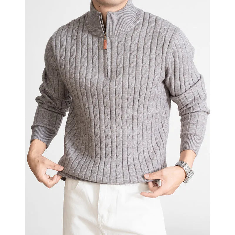 Men's solid colour half-height zip twisted sweater in oatmeal, long sleeves, cotton blend