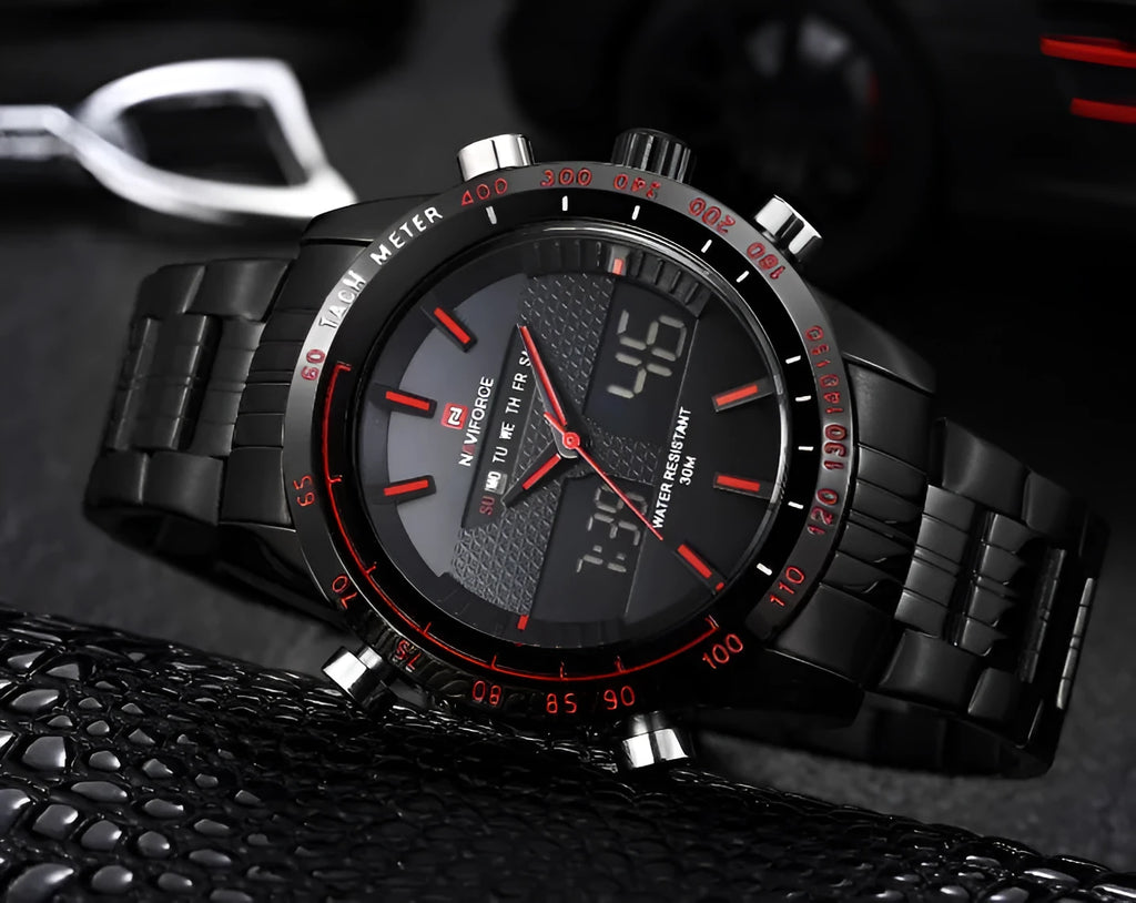 Naviforce 9024 men's sports wrist watch with black alloy strap, 46mm round dial, and luminous hands