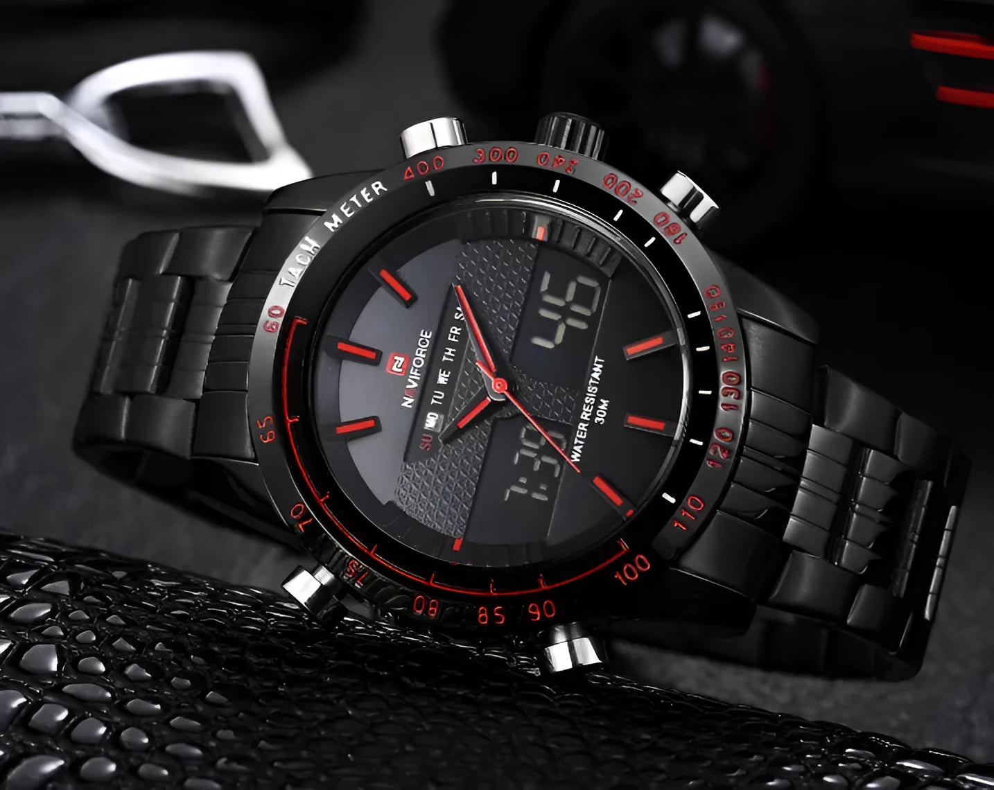 Naviforce 9024 men's sports wrist watch with black alloy strap, 46mm round dial, and luminous hands