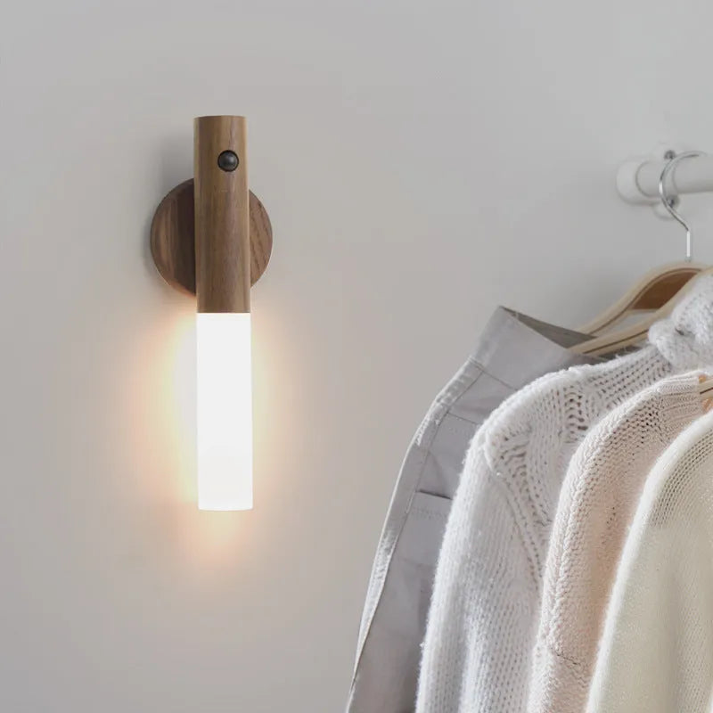 Smart sensor LED desk lamp in coffee colour with solid wood base and organic glass light diffuser