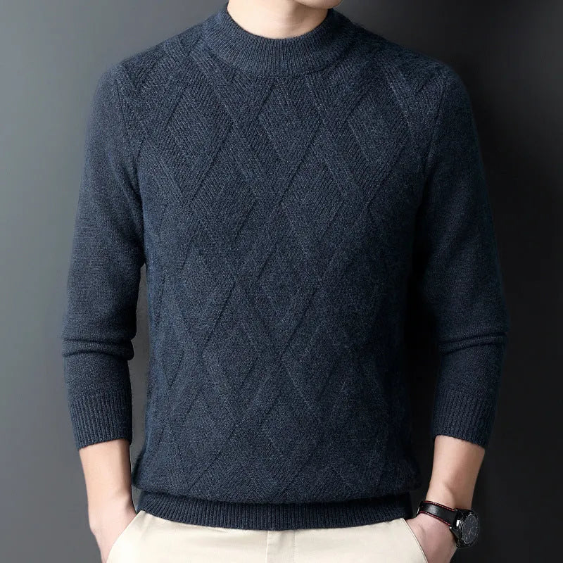 Men's plus size winter thermal pullover sweater with diamond jacquard pattern in light camel colour