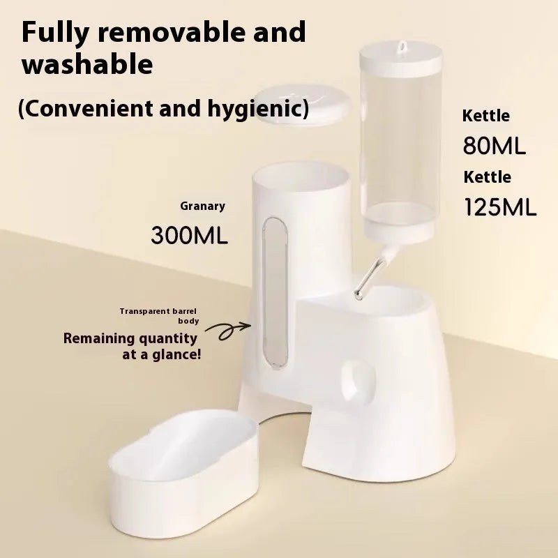 White, blue, and pink hamster automatic drinking water feeder and food basin for dwarf hamsters.