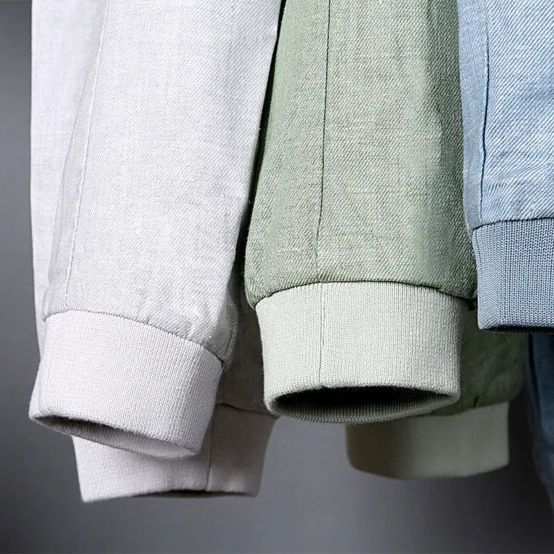 Men's lightweight cotton linen jacket in regular fit, shown in heather grey, grass green, and blue colour options.