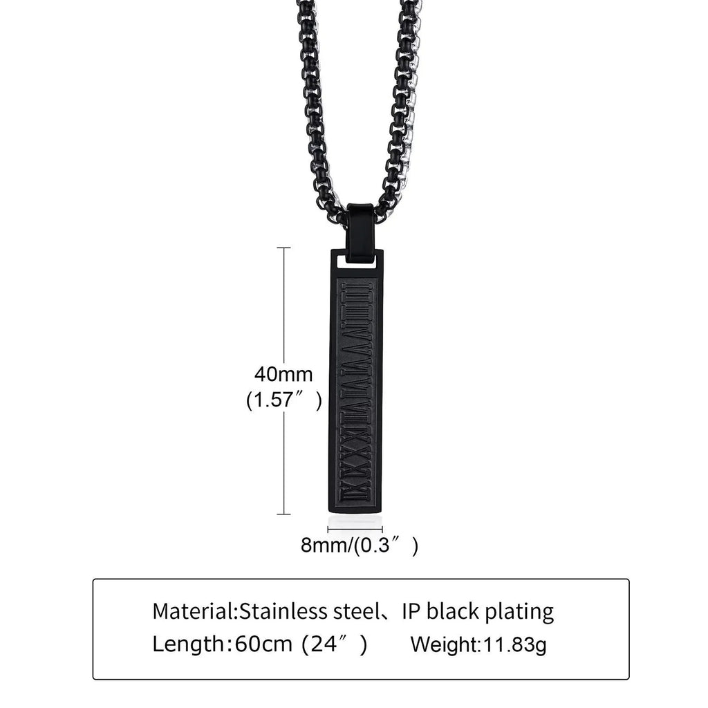 Stainless steel roman numeral pendant necklace available in black, gold, and steel colour options