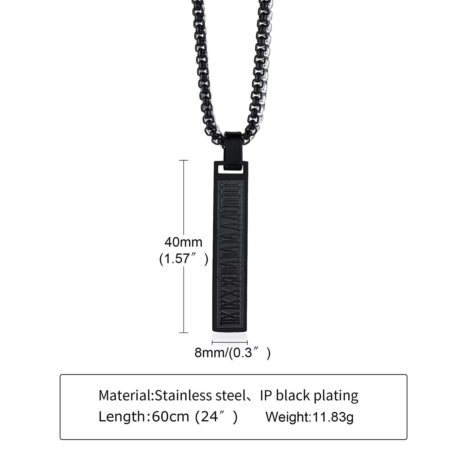 Stainless steel roman numeral pendant necklace available in black, gold, and steel colour options