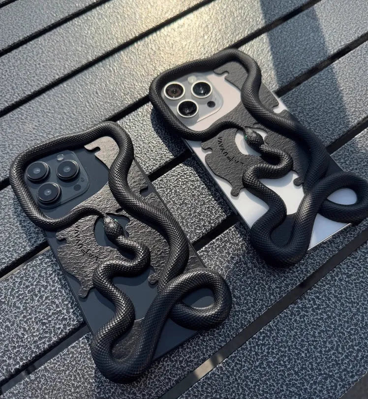 Black tailed snake hollowed decorative phone case for iPhone 16 Pro Max with stone pattern finish
