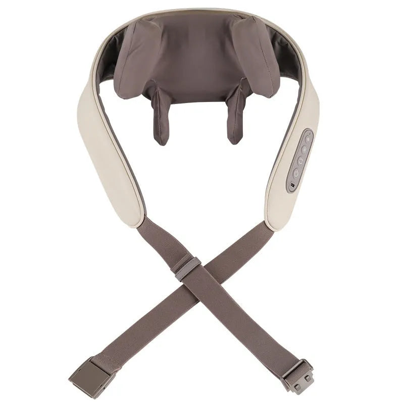 Milky white rechargeable shoulder and neck massager unit with USB charging cable.