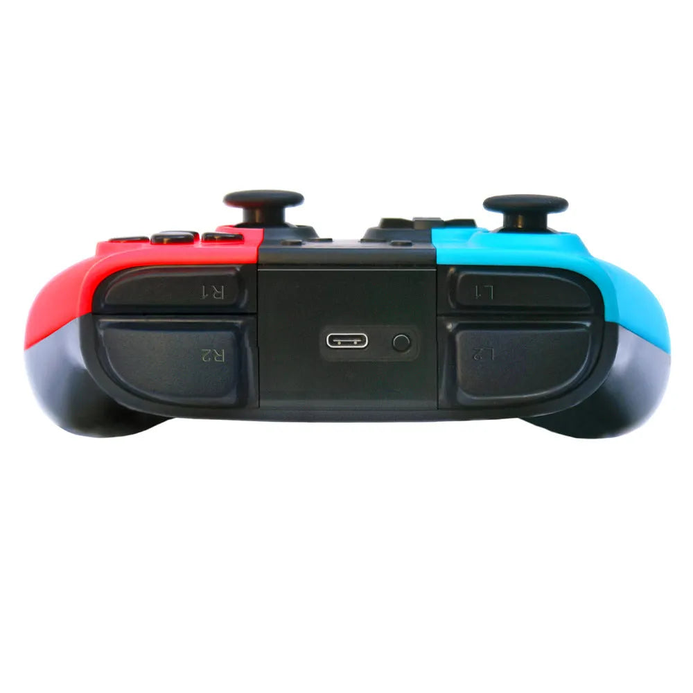 Wireless Bluetooth game controller for Nintendo Switch with analogue sticks and coloured action buttons.