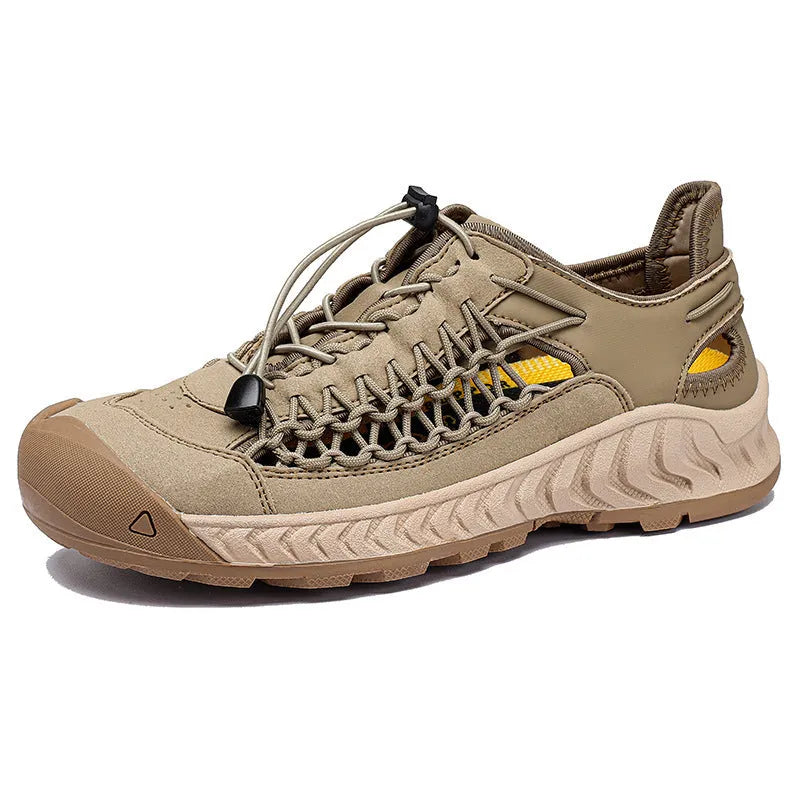 Men's hand-woven casual sandals in light grey with a closed toe and rubber sole.