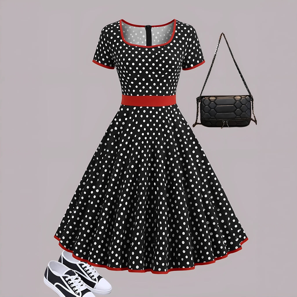 Women's multicolor polka dot dress with square collar, front zipper, and pleated skirt