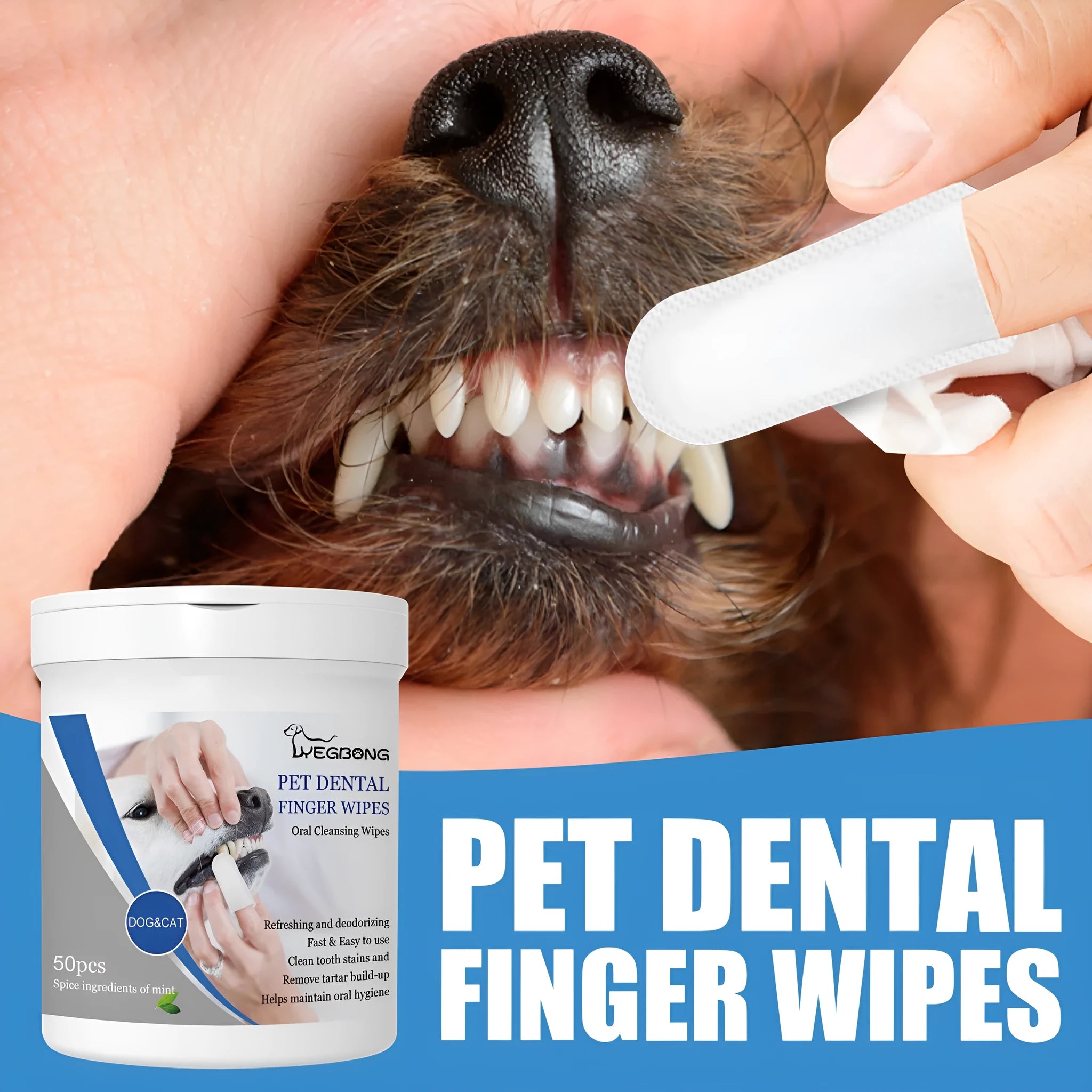 Can of dog dental finger wipes with reusable stall applicator for teeth cleaning