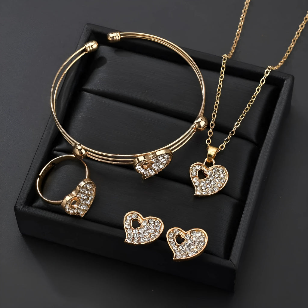 Gold electroplated love jewellery set with adjustable pendant, earrings, and hand decorations for women