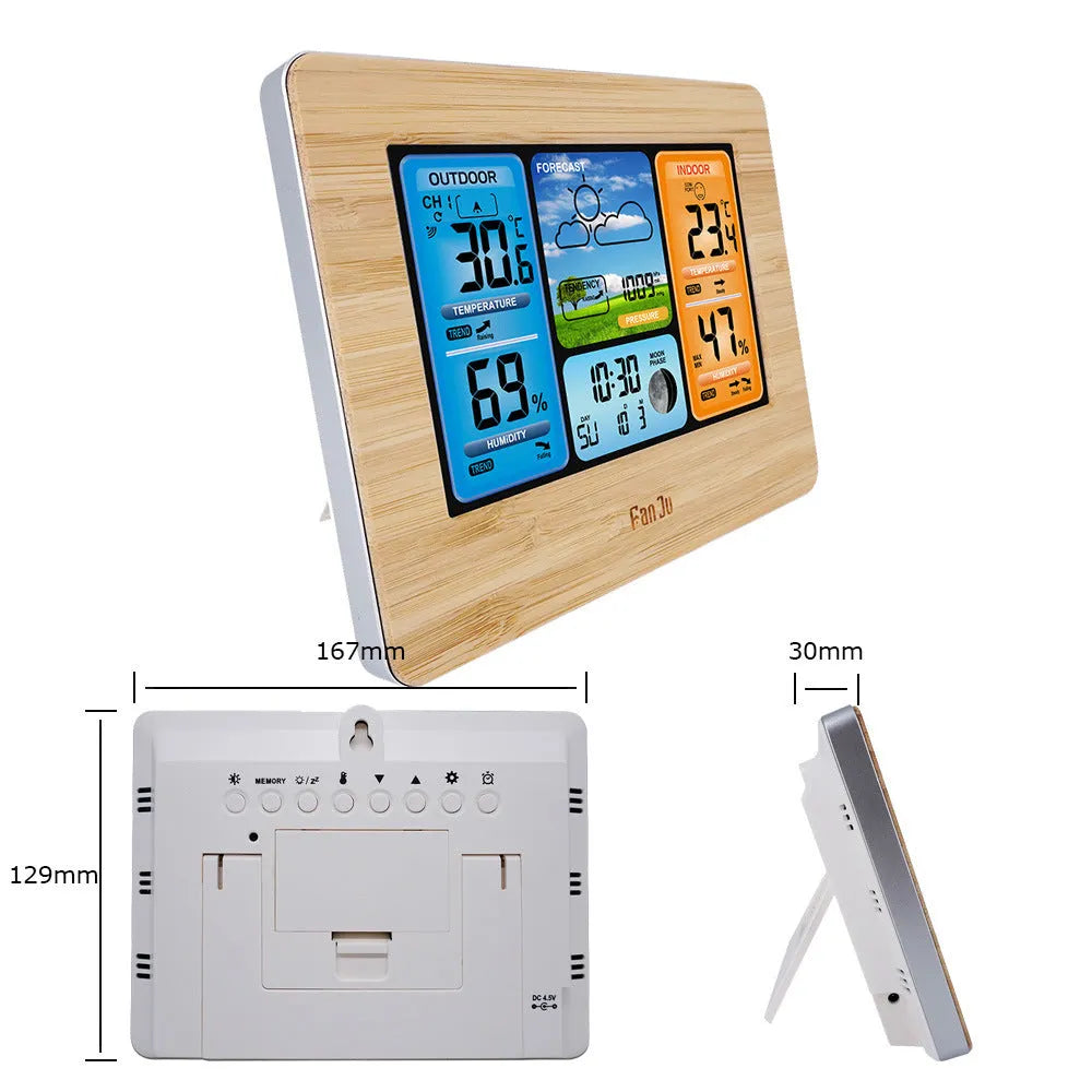 Rectangular LCD weather station showing temperature, humidity, and calendar on black or yellow plastic case