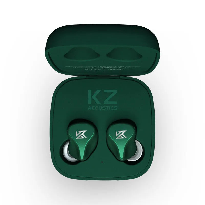 Black and Green Z1 true wireless Bluetooth in-ear headphones on a white background.