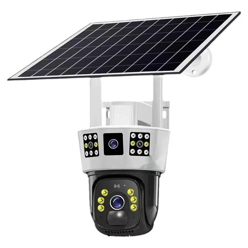 Three-screen binocular surveillance camera with solar panel for outdoor wireless security monitoring