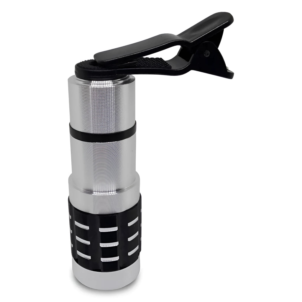 12x universal telescopic lens with collar clip attached to a mobile phone for zoom photography.