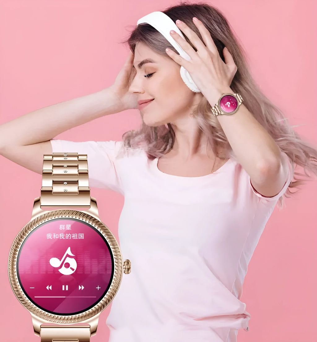 AK38 ladies smart watch with stainless steel bracelet and 1.09-inch colour touchscreen displaying smartphone notifications