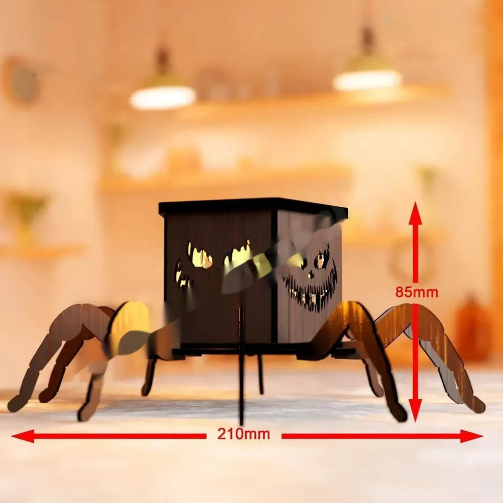 Wooden spider Halloween candlestick decoration measuring 21cm by 8.5cm