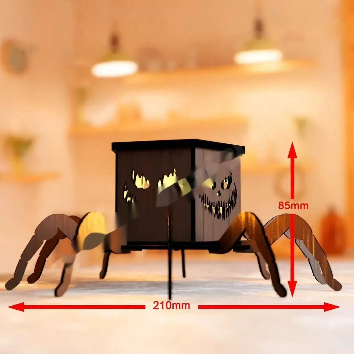 Wooden spider Halloween candlestick decoration measuring 21cm by 8.5cm