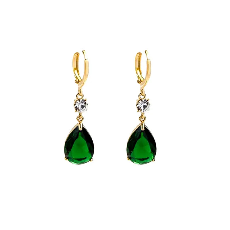Emerald green geometric teardrop alloy earrings with clip-on back fittings